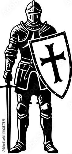 Medieval Knight in Full Armor with Sword and Crusader Shield Illustration