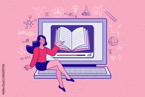 Smart woman accessing online STEM education course on digital laptop library, illustrating e-learning technology, scientific research, and academic study success concept.