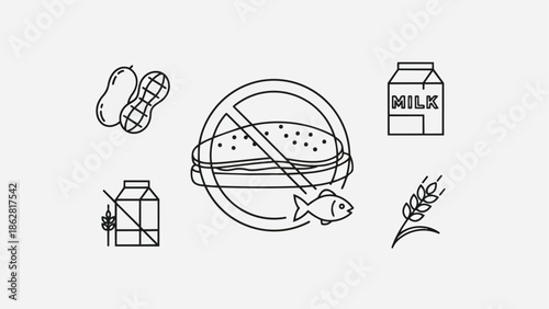A line drawing illustrates food allergens; peanuts, milk, and wheat are each represented. A crossed-out sandwich and fish inside a circle represents the restriction of these specific food items