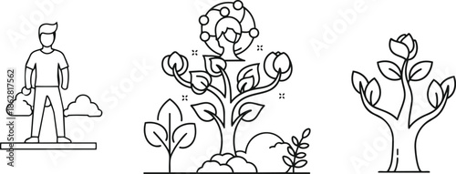 Icons show the concept of growth and development. A person stands tall, a small tree grows bigger, and a rose blooms