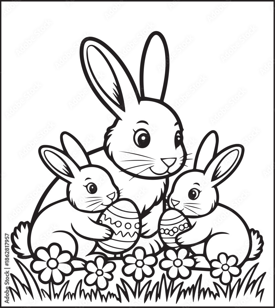 Fototapeta premium Easter bunny coloring page for kids black line art vector illustration doodle, Happy easter day coloring crafts and activities
