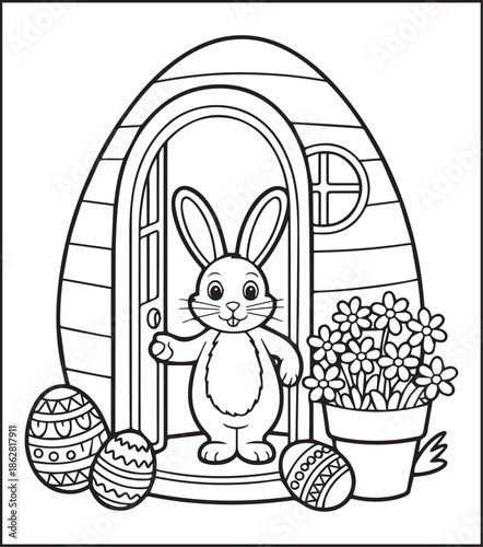 Easter bunny coloring page for kids black line art vector illustration doodle, Happy easter day coloring crafts and activities