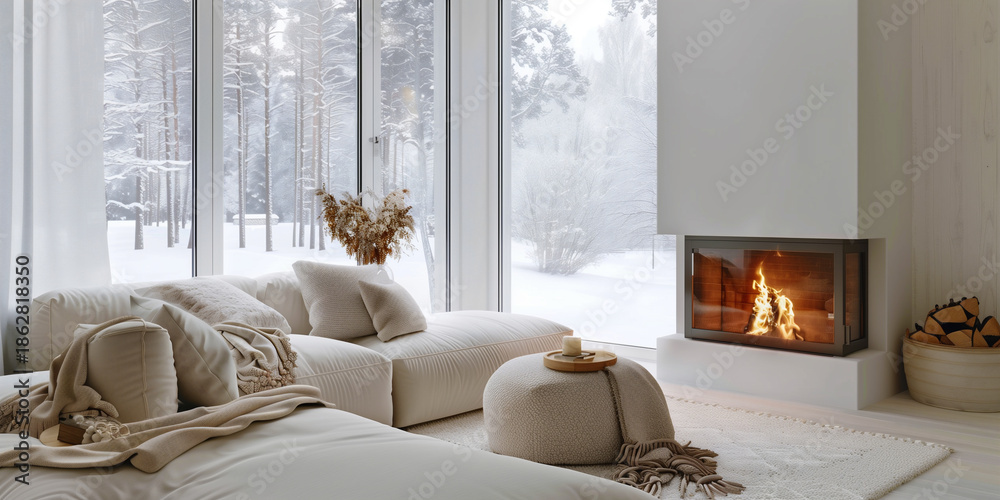 Fototapeta premium warm and cozy modern interior with fireplace and snowy view, elegant winter living room with fireplace and snow outside, cozy modern home interior with fireplace and snowy landscape