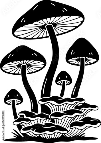 Black and White Hand Drawn Fungi Cluster Vector Illustration