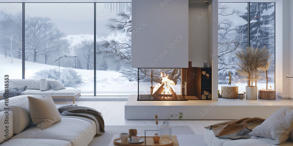 Fototapeta premium warm and cozy modern interior with fireplace and snowy view, elegant winter living room with fireplace and snow outside, cozy modern home interior with fireplace and snowy landscape