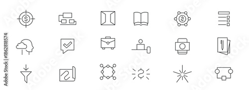 Business model line icon set. Business Intelligence, visualization, analytic dervice, risk management, strategy, data management and analysis outline icons collection. UI thin outline icon set.