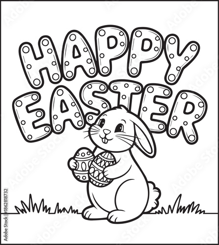 Easter bunny coloring page for kids black line art vector illustration doodle, Happy easter day coloring crafts and activities