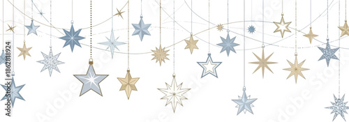 Festive hanging star ornaments in blue and gold on white