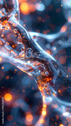 Abstract Glowing Water: A mesmerizing close-up of flowing water, illuminated with glowing orbs, creating a captivating visual representation of fluidity and energy.