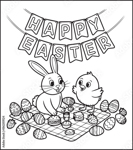 Easter bunny coloring page for kids black line art vector illustration doodle, Happy easter day coloring crafts and activities