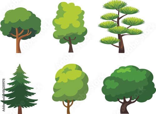 Set of diverse green tree vector icons with deciduous and coniferous forest foliage in flat design