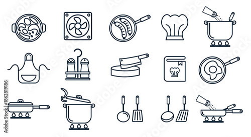  cooking line icons boiling time frying pan and kitchen 