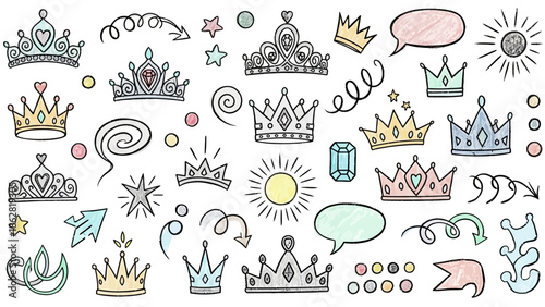 Collection of colorful crown illustrations.