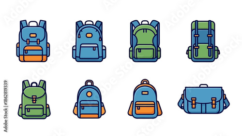 Collection of colorful school backpacks.