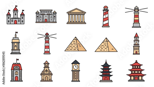 Collection of famous landmarks icons.