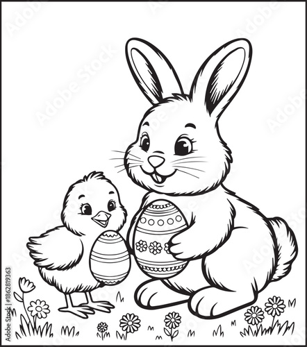 Easter bunny coloring page for kids black line art vector illustration doodle, Happy easter day coloring crafts and activities