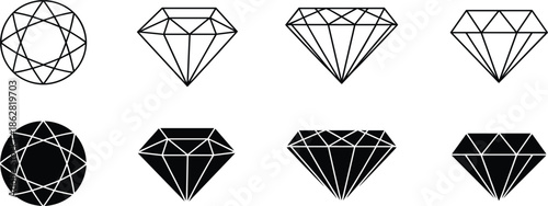 Set of diamond and gemstone icons with line art and solid black silhouettes for jewelry design