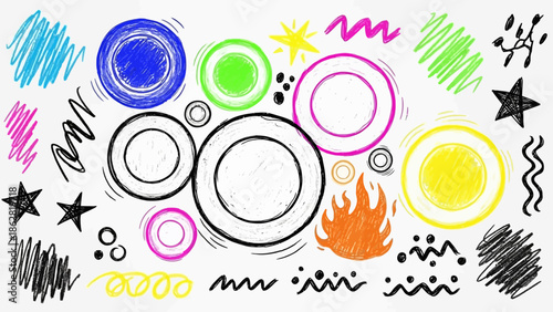 Colorful abstract shapes and symbols.