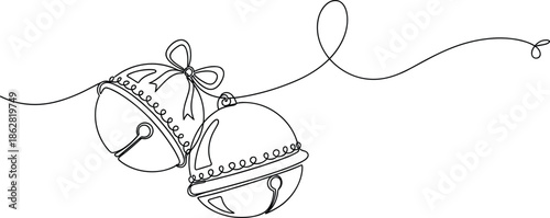 Minimal Continuous Line Christmas Bells with Bow Decorative Holiday Vector Illustration