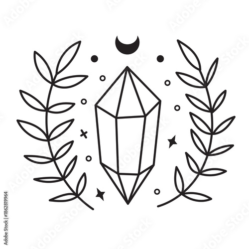 Crystal moon illustration with celestial stones and magical flowers. Hand drawn mystical gemstone art featuring delicate line work and spiritual energy symbols