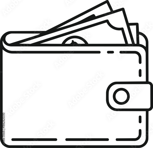Line art of a full wallet. It is a stock image that represents money, cash, or currency, according to keywords listed on the right.