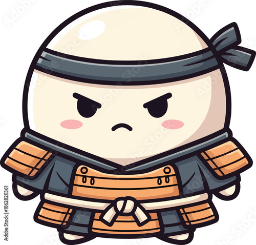 A cute, angry, round cartoon character wearing traditional samurai armor and a black headband.