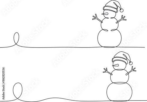 Delightful continuous line drawing of a cheerful snowman with a hat and carrot nose, perfect for holiday cards and winter designs