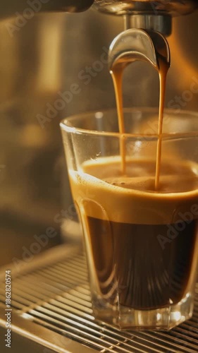 High-quality B-roll of fresh espresso pouring into a clear glass with realistic crema foam and soft cinematic lighting.