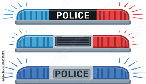 Set of police car light bars with blue and red emergency sirens and flashing strobe effects
