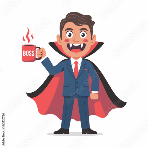 A cartoon illustration of a smiling business vampire man in a blue suit holding a red coffee mug with 'BOSS' on it against a white background with a surreal and playful mood.