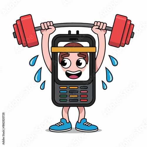 Surreal cartoon illustration of a cheerful mobile phone character lifting red dumbbells with sweat drops around it on a white background.