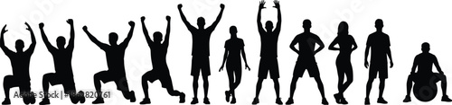 People silhouettes performing fitness workout exercises stretching poses sport training activity black vector illustration isolated on white background set
