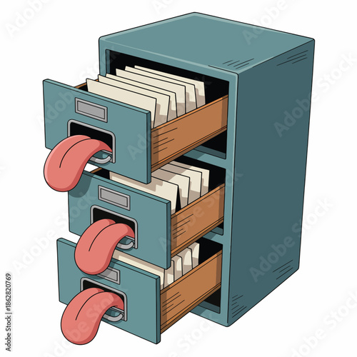 Surreal illustration of a teal file cabinet with three open drawers, each containing white files, and pink tongues sticking out, against a clean white background.