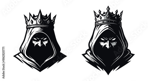 Mysterious hooded figures with crowns depicted in black and white illustrations