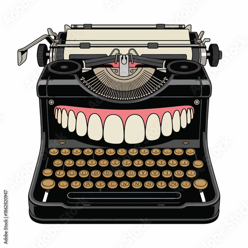 Surreal illustration of a vintage typewriter with a set of teeth and pink gums on a white background, with a flat design style and dominant black and white color palette.
