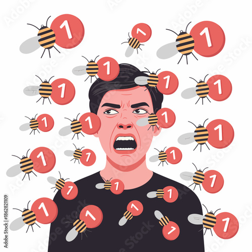 Surreal illustration of a stressed man surrounded by numerous bees with dollar sign wings and red circles with a number one, conveying a sense of financial pressure and anxiety on a white