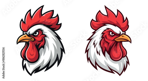 Two cartoon roosters facing different directions with vibrant red combs and wattles illustrated on a white background