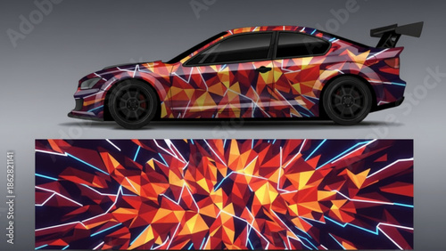 Abstract geometric car wrap design with vibrant red, orange, and blue polygons and glowing lines, displayed on a sports car and as a standalone pattern.