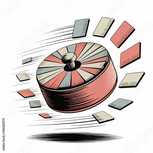 Surreal illustration of a spinning wheel with colorful blocks flying off in all directions against a clean white background with motion lines conveying a sense of dynamic movement and