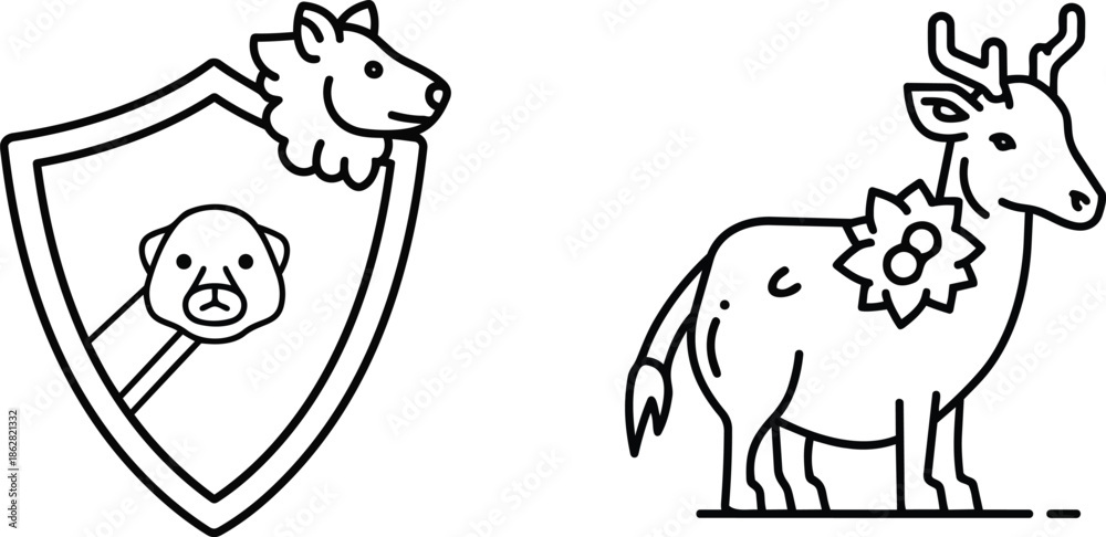 Obraz premium Two icons represent illustrations. One shows a shield with animal heads, and the other is a deer with a flower on its chest