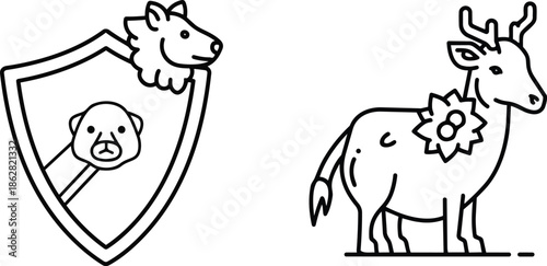 Two icons represent illustrations. One shows a shield with animal heads, and the other is a deer with a flower on its chest