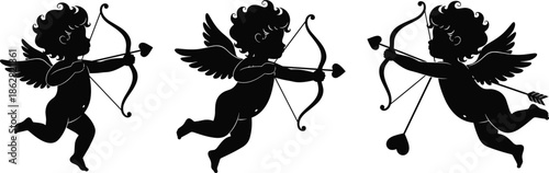 Cupid angel silhouettes shooting heart arrows symbolizing love romance valentine mythology celebration decorative black vector illustration isolated on white