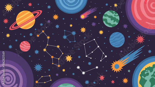 Vibrant Space Scene with Planets, Stars, and Constellations