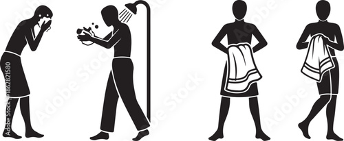 Illustrative silhouettes depicting the essential steps of personal hygiene and drying off