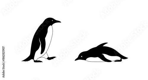 Minimalist illustration of two Adelie penguins in contrasting poses on a white background