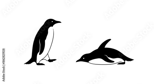 Elegant monochrome depiction featuring standing and swimming penguins in stark contrast