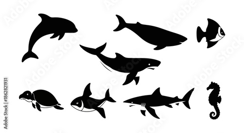 Silhouette Collection of Marine Animals with Minimalist Black and White Design Theme
