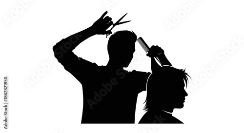 Silhouette of a hairdresser cutting hair with scissors in a professional studio setting providing