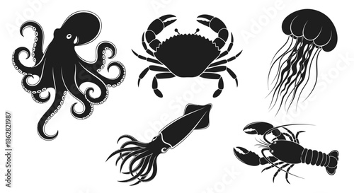 Sea Creature Silhouettes: Octopus Crab Jellyfish Squid and Lobster Illustration