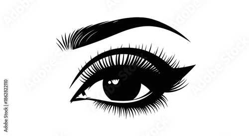 Dramatic eye with long lashes and defined eyebrow in a black vector illustration